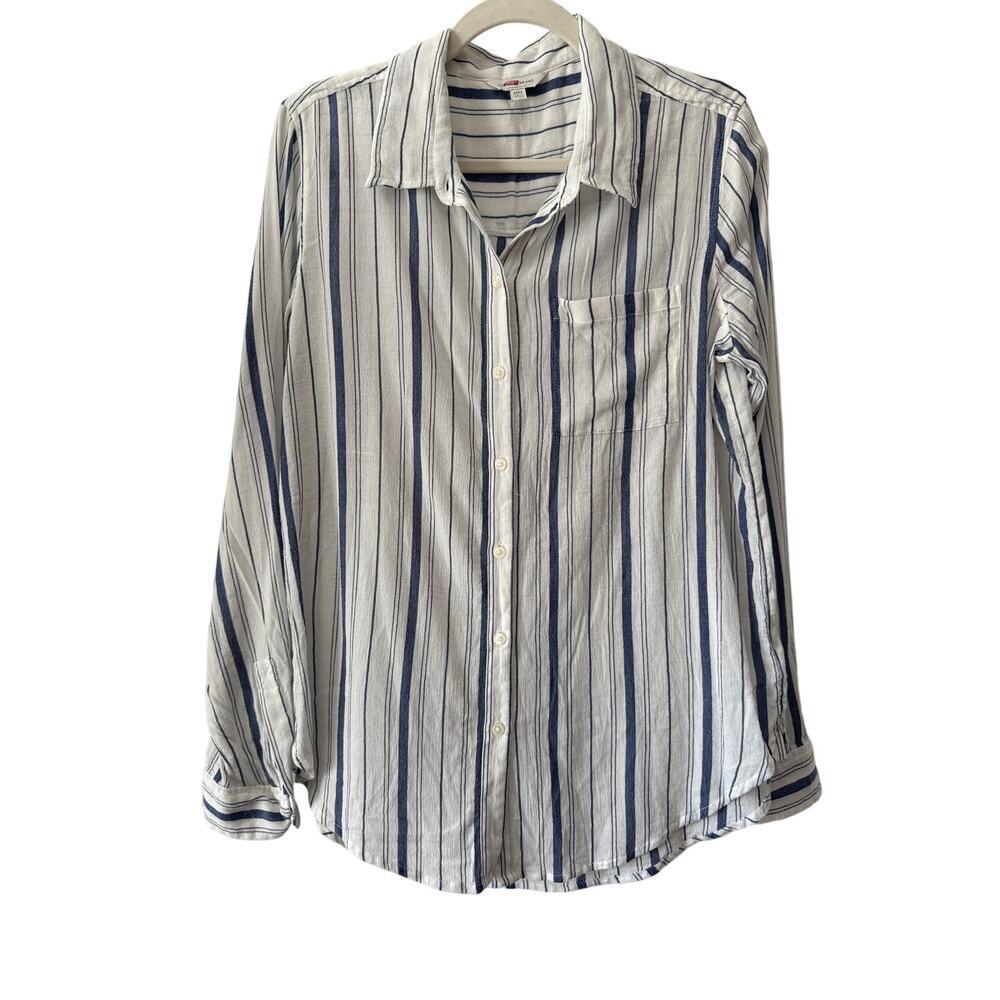 Lucky Brand Sz L Blue & White Stripe Button Up 100% Cotton | EUC